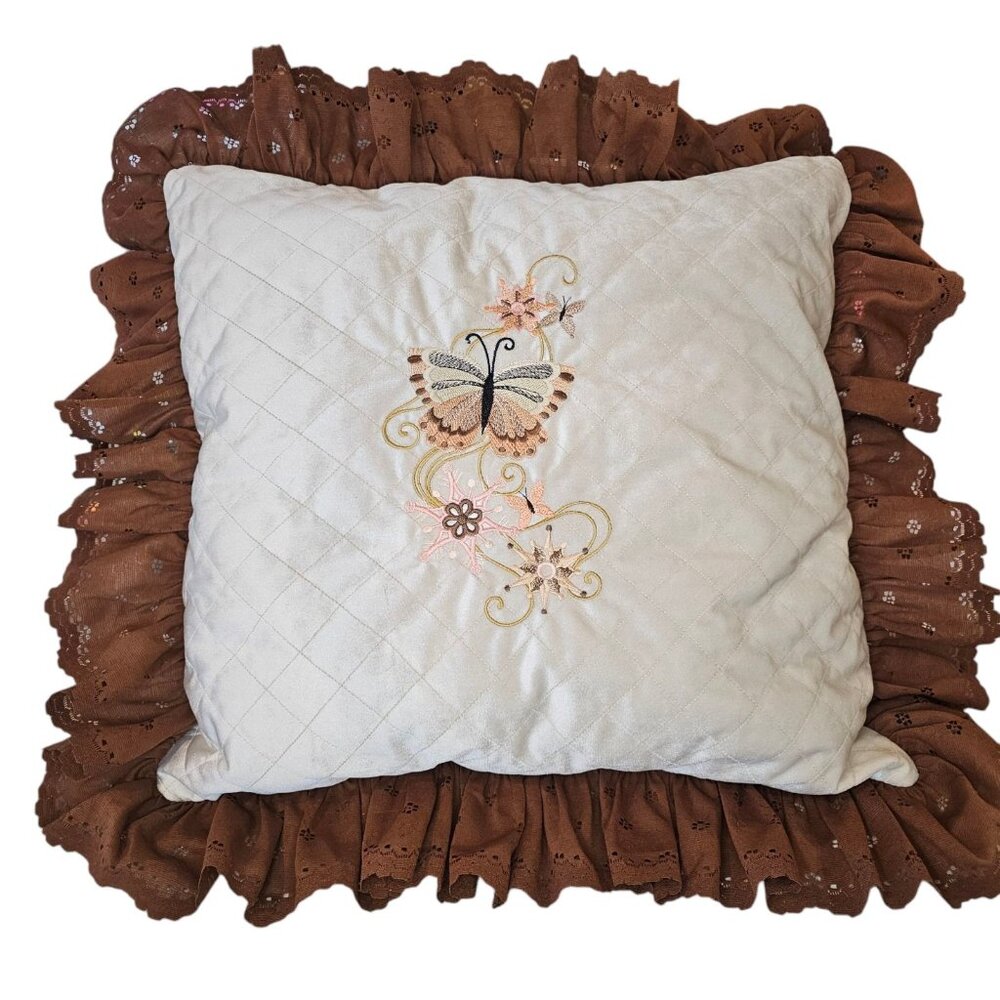 VTG Velour‎ Embroidered Butterfly Decorative Pillow Brown Lace 20 Inches 70s 80s